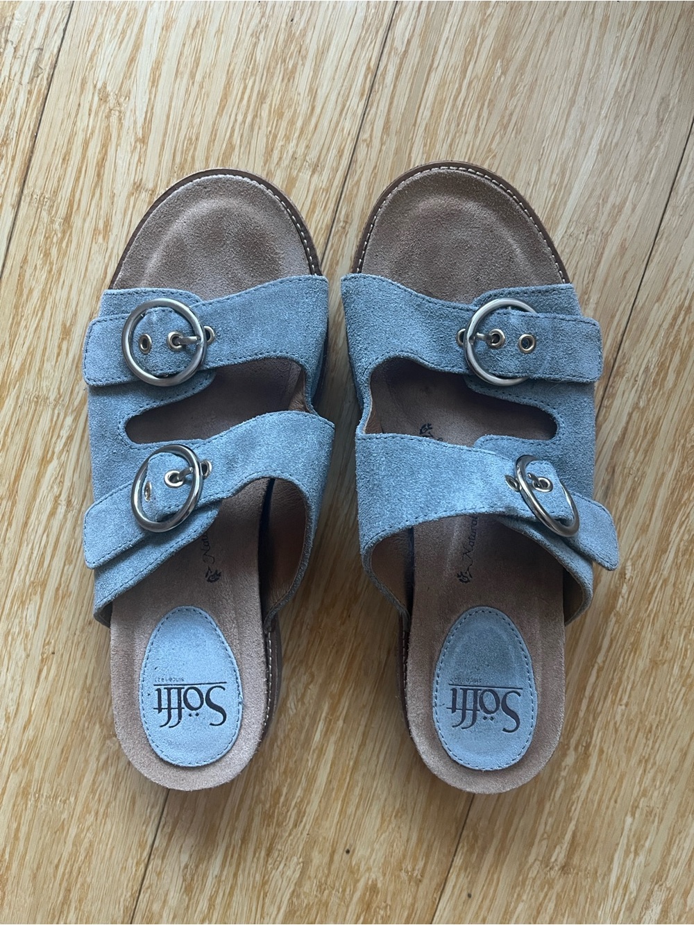Sofft Brooklyn Suede Double-Buckle Slide Sandals Blue